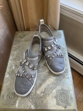 Giuseppe Zanotti Gray Slip-On Sneakers with Crystal Straps